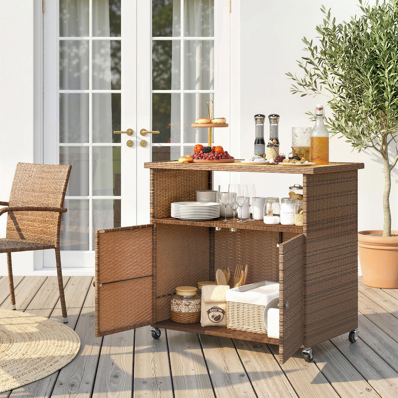 Outsunny Servierwagen aus Rattan und Eukalyptusholz in Braun, Barwagen und Küchenwagen mit Rollen für Garten, Pool und Veranda, B/T/H: 95 x 54 x 84 cm - Bild 2
