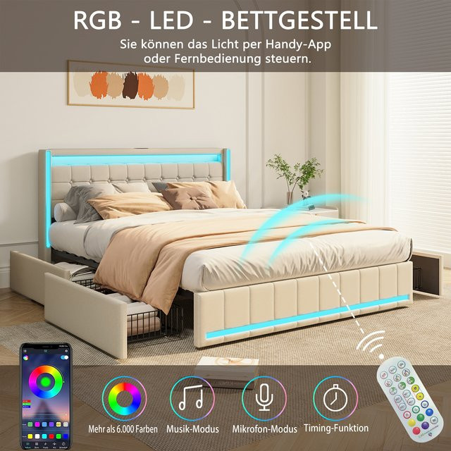 Comanlai Doppelbett mit Polsterung und 4 Schubladen in Pink, B/T: 160 x 200 cm, mit LED-Beleuchtung, USB-Anschluss und Kopfteil mit Stauraum aus Leinen - Bild 1