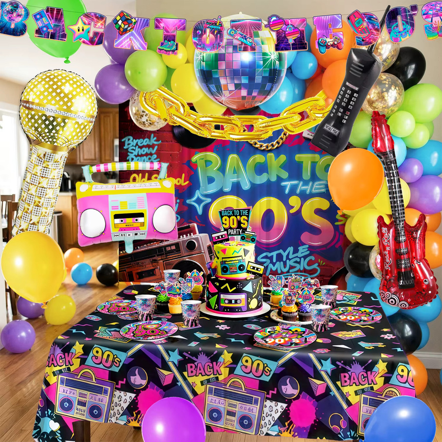 Potdemiel 128-teiliges 90er-Jahre Geburtstags-Dekorationsset in Multicolour mit Party-Banner, Luftballons, Kuchendekoration, Tellern und Servietten aus Papier im Retro-Stil - Bild 3