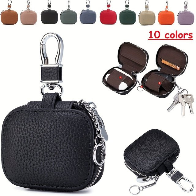 Schutzhülle für Ohrhörer aus PU-Leder in Schwarz mit Netztasche und Schlüsselanhänger - Bild 1