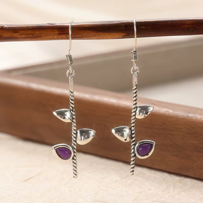 Ohrringe Damen, Amethyst-Blattform-Anhänger, Silber, Kristall - Bild 1
