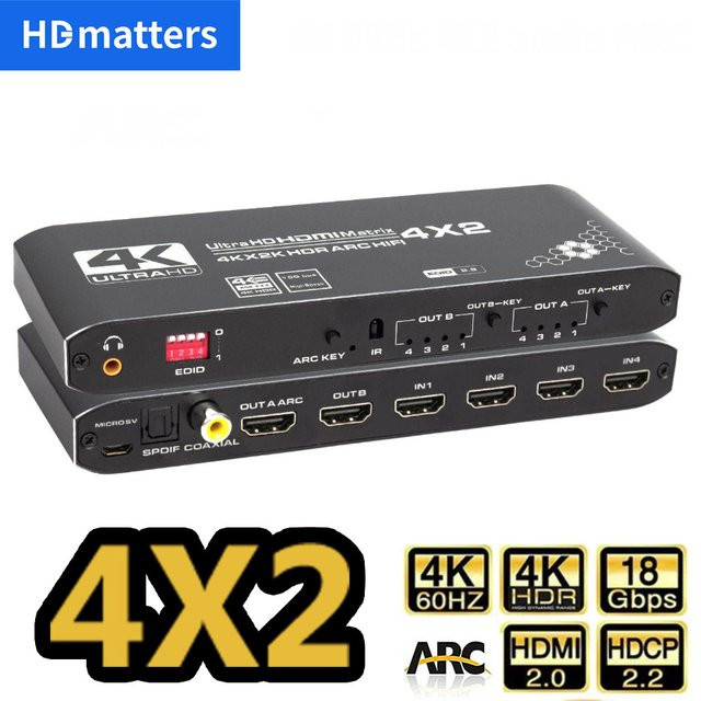HDmatters HDMI Matrix Switcher Splitter 4x2 in Schwarz mit 4K UHD 60Hz, ARC, HDCP 2.2, EDID sowie optischem und 3,5-mm-Stereo-Audioausgang - Bild 1