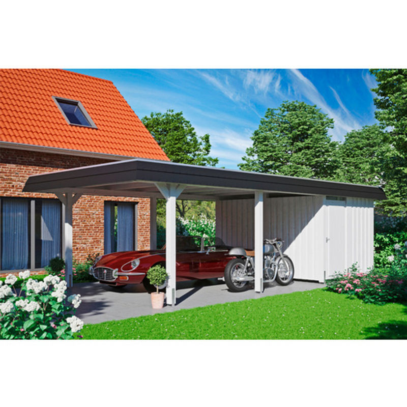 Skan Holz Carport Wendland mit Anbau in Weiß und schwarzer Alu-Dach Blende, B/T: 409 x 870 cm - Bild 2