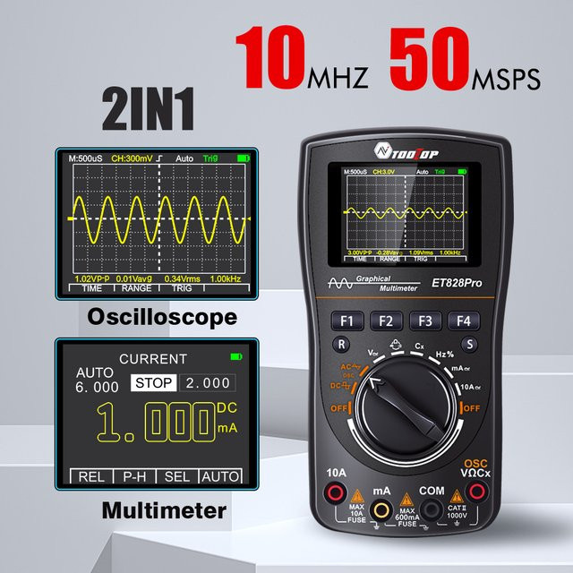 TOOLTOP Et828pro Tragbares 2 in 1 Oszilloskop und True RMS Multimeter, 10 MHz, 50 ms/s, 1600 Vpp Hochspannung, Schwarz - Bild 1