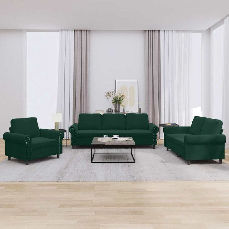 Vidaxl 3-teilige Entspannungsgarnitur mit Kissen in Dunkelgrün aus Samt im klassischen Design - Bild 1