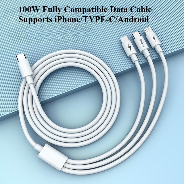 OIITH 3-in-1 USB-Ladekabel mit 100W und 6A Schnellladefunktion für Typ-C und Micro USB in Weiß - Bild 1