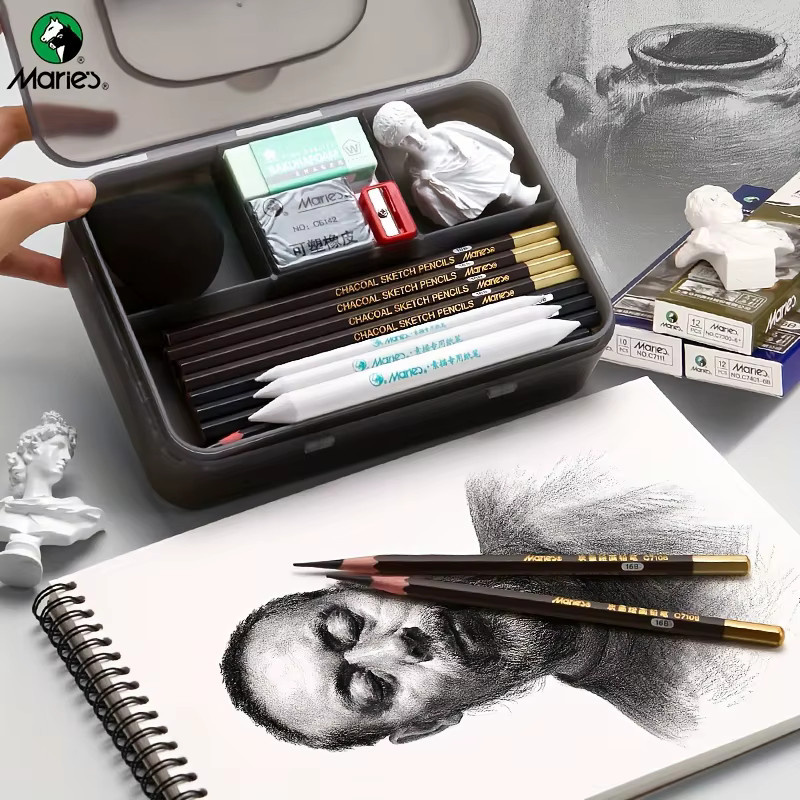 Marie's 23/27-teiliges Bleistiftset mit doppellagiger Box für Erwachsene inklusive Holzkohle, Graphit, Bleistiften, Radiergummis und Messer in Schwarz - Bild 2