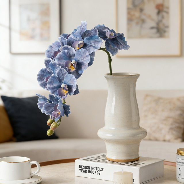 Künstliche Phalaenopsis Orchideen in Keramikvase für die Tischdekoration, Weiß, Rot oder Blau - Bild 1