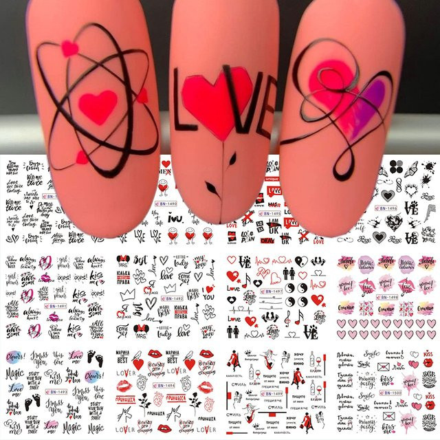 Nagelkunst Wassertransfer-Aufkleber, 12 Stück, 3D-Liebesherz, Bären, Schriftzug - Bild 1