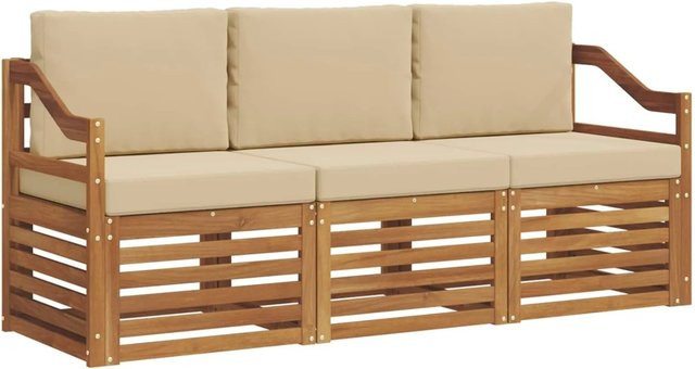vidaXL Sofagarnitur aus Massivholz Akazie in Natur und Beige, 3-teiliges modernes Set mit Sitz- und Rückenkissen im Latten-Design - Bild 1