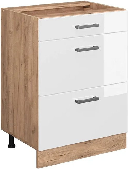 Vicco Küchenunterschrank R-Line Weiß Hochglanz und Goldkraft Eiche mit Schubladen, Breite: 60 cm - Bild 1