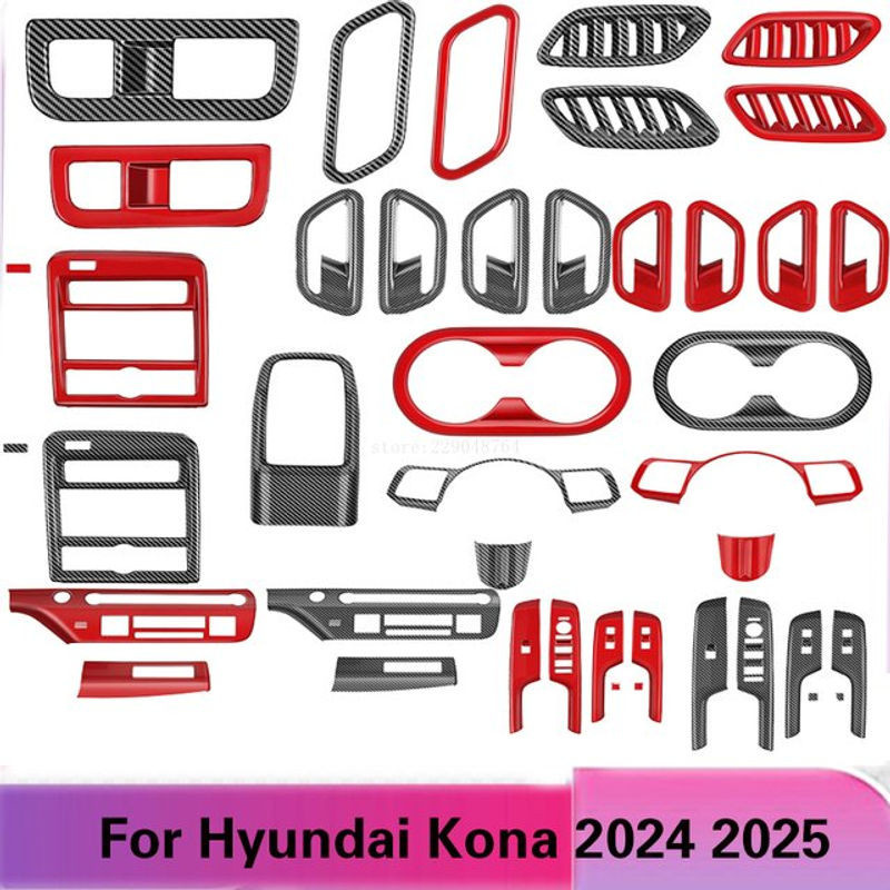 Fensterheber-Schalterabdeckung und Klimaanlagen-Auslassabdeckung für Hyundai Kona 2024 2025 aus ABS und Carbonfaser in Rot/Schwarz - Bild 1