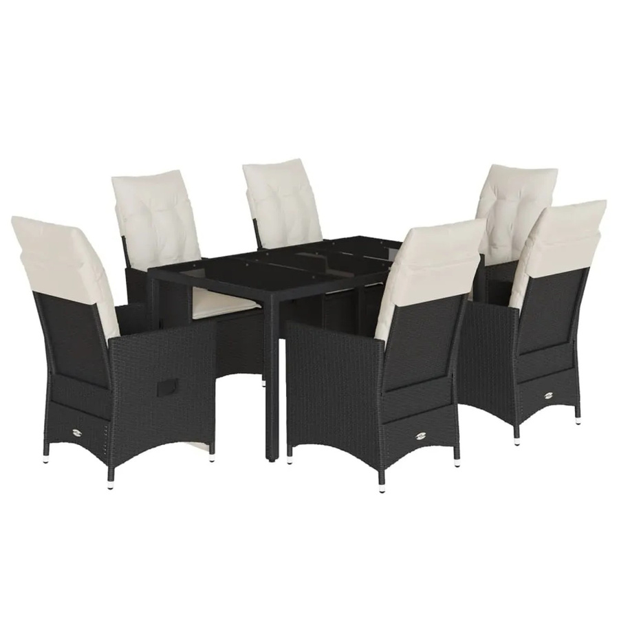 vidaXL 7-tlg Garten-Essgruppe aus Poly-Rattan und Stahl mit Hartglas-Tischplatte und Kissen in Schwarz - Bild 2