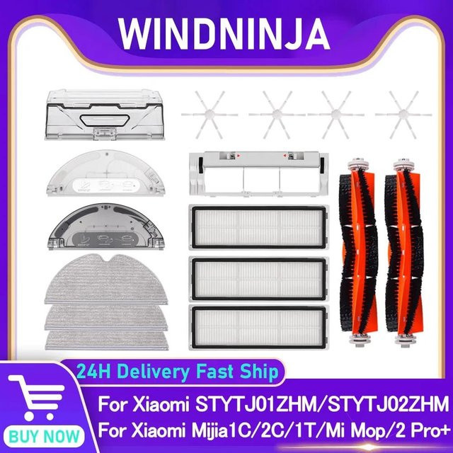 WINDNINJA Zubehör-Set für Xiaomi Mijia 1C 2C 1T und Dreame F9: Staubbox, Bürsten und Mopp-Tücher für deinen Roboter-Staubsauger - Bild 1