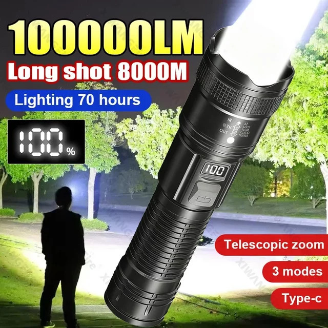 Heinast Taktische Taschenlampe mit 100.000 Lumen, wiederaufladbare Outdoor-Laterne aus Metall in Schwarz - Bild 1