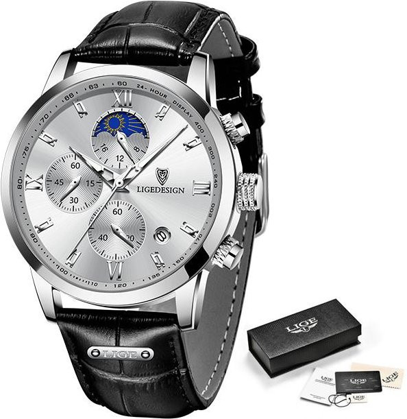 LIGE Armbanduhr Chronograph, Quarz, Leder, Edelstahl, 43 mm, Herren, schwarz/silber - Bild 1
