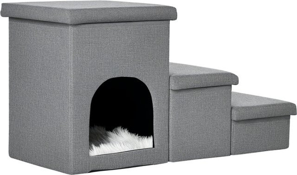 PawHut 3-in-1 Hundetreppe für Katzen und Hunde mit Höhle und Stauraum, 3-stufige Haustierrampe mit Kissen bis 10 kg, Hellgrau