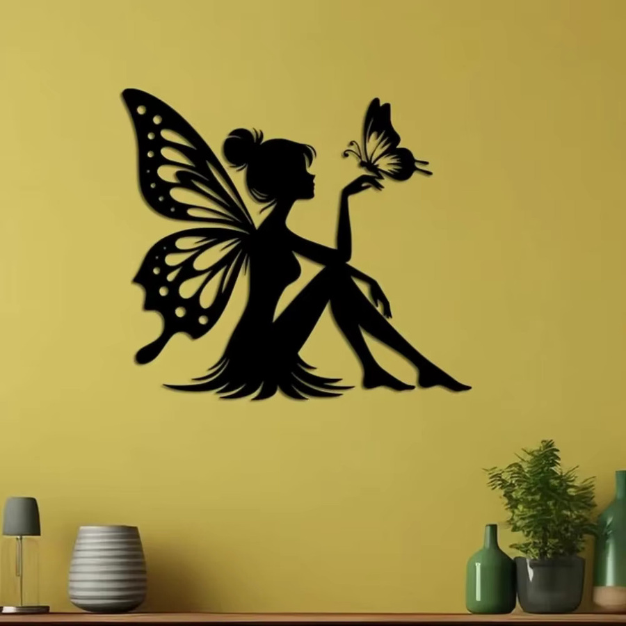 CIFBUY Moderne Metall-Wandkunst Fairy und Schmetterlinge in Schwarz, lasergeschnittene Dekoration für Innenbereich und Außenbereich, B/H: 40 x 40 cm - Bild 2