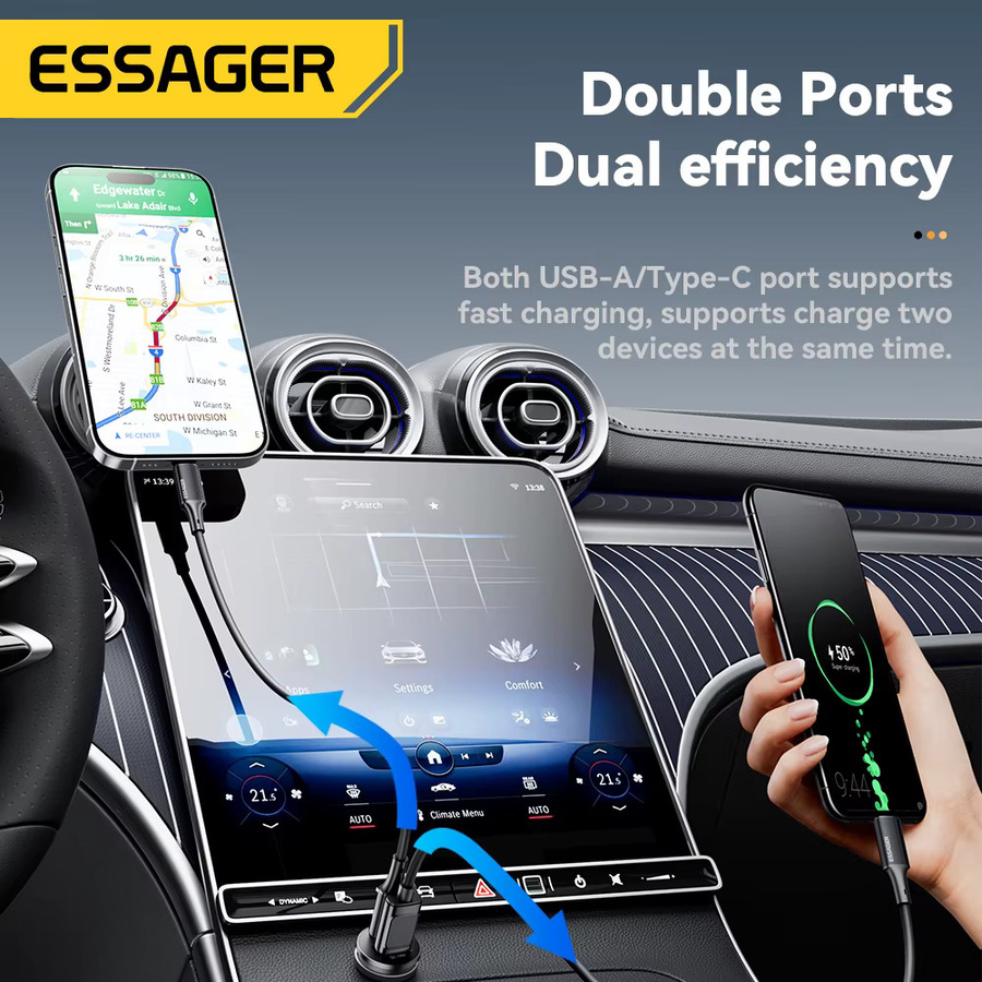 Essager 45 W Autoladegerät mit Dual Port PD QC3.0 und USB-C Schnellladung in Schwarz - Bild 3