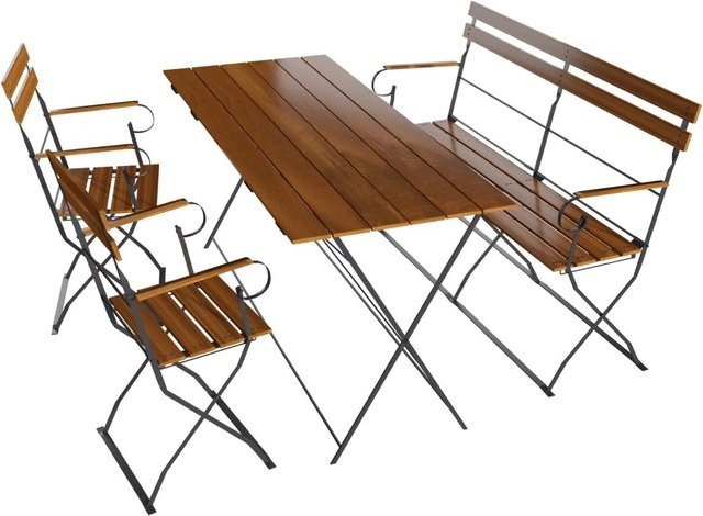 Lex Biergarten Sitzgruppe aus Holz und Stahl in Braun, 4-teiliges Set mit Tisch, Bank und Stühlen mit Armlehnen, B/T: 120 x 70 cm - Bild 1