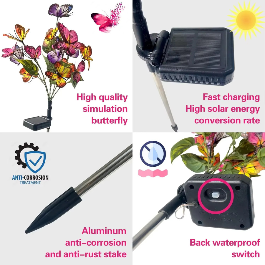 DBF Solar-Gartenleuchten in Schmetterlings-Design, wasserdichte LED-Solarleuchten in Multicolour für Garten, Hof und Wege - Bild 5