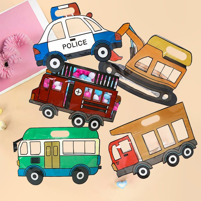 10er Set Motiv Geschenkbeutel mit Lkw Bagger und Polizei Auto für Kindergeburtstag und Party Dekoration in Mehrfarbig - Bild 1