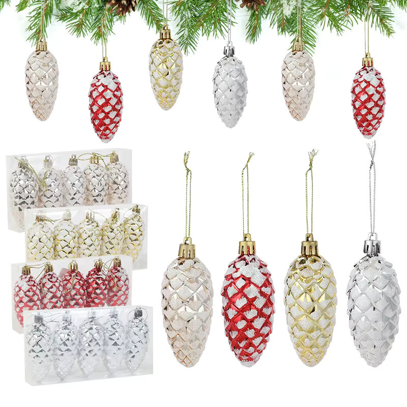 ZQNYCY Set mit 5 glitzernden Tannenzapfen-Ornamenten als hängende Weihnachtsdekoration in Rot, Gold und Silber - Bild 3