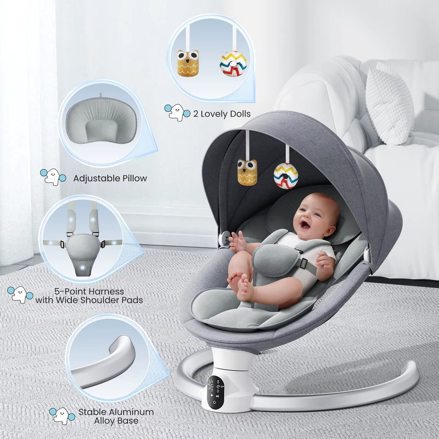 Jugacool Elektrischer Baby-Schaukelstuhl in Grau mit Bluetooth, 5 Geschwindigkeiten, 3 Timer-Funktionen und Musik-App-Fernbedienung - Bild 2
