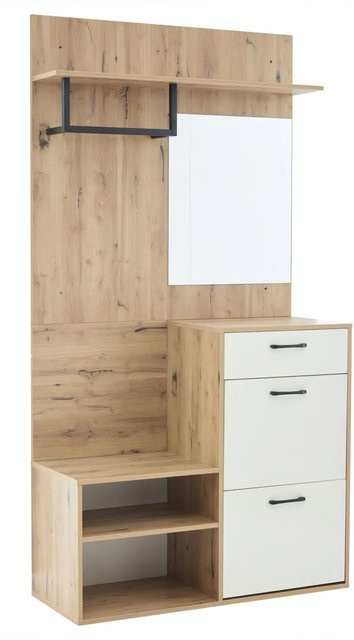 okwish Garderoben Set mit Spiegel und Schuhbank in Weiß und Natur, Skandinavischer Stil, B/T/H: 100 x 38,5 x 190 cm - Bild 1