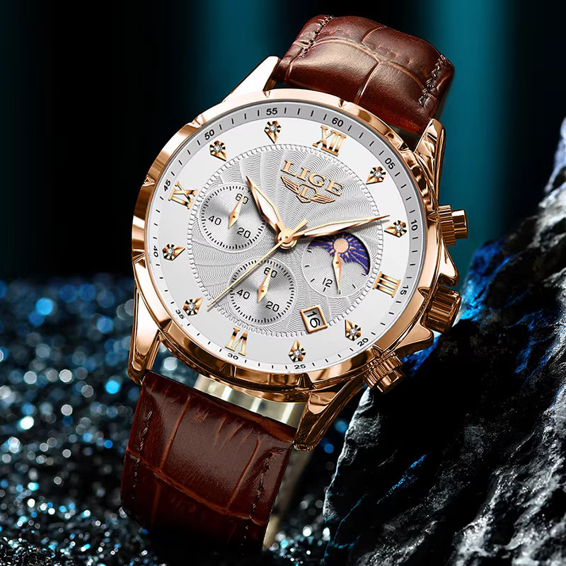 LIGE Armbanduhr Quarz, Leder, Roségold, Silber, Herren - Bild 2