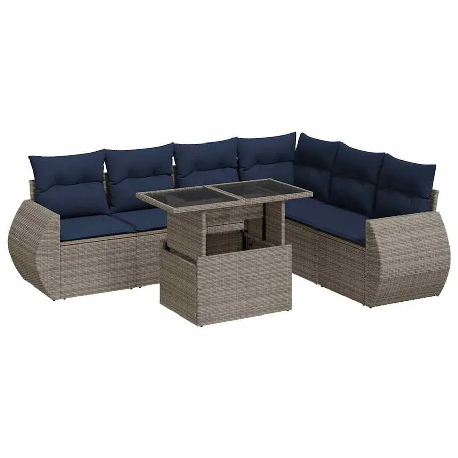 vidaXL 7-tlg Garten-Sofagarnitur in L-Form aus Poly Rattan und Akazie mit grauen Kissen - Bild 2