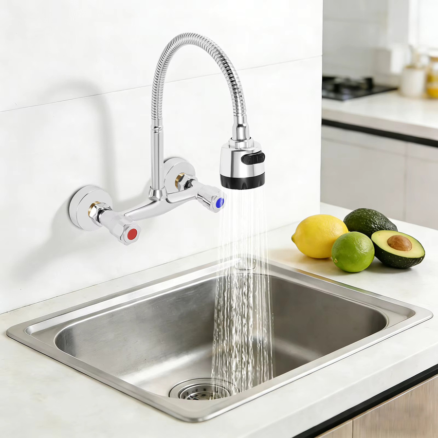 Aohuada Wandmontierter Wasserhahn in Chrom, Warm- und Kaltwasserhahn mit 360-Grad-Drehfunktion und ausziehbarer Brause für Küche und Badezimmer - Bild 3