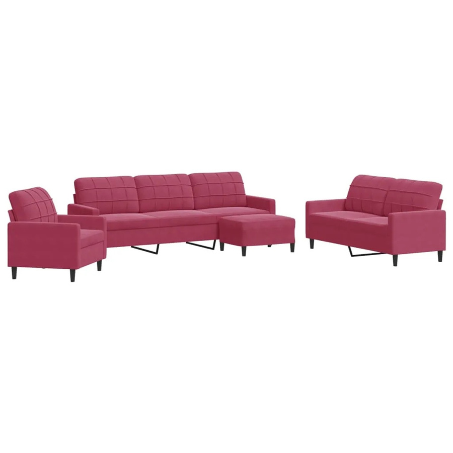 vidaXL 4-teilige Sofagarnitur aus Samt in Weinrot mit Kissen und Ottoman, modernes Design mit Metallrahmen - Bild 2