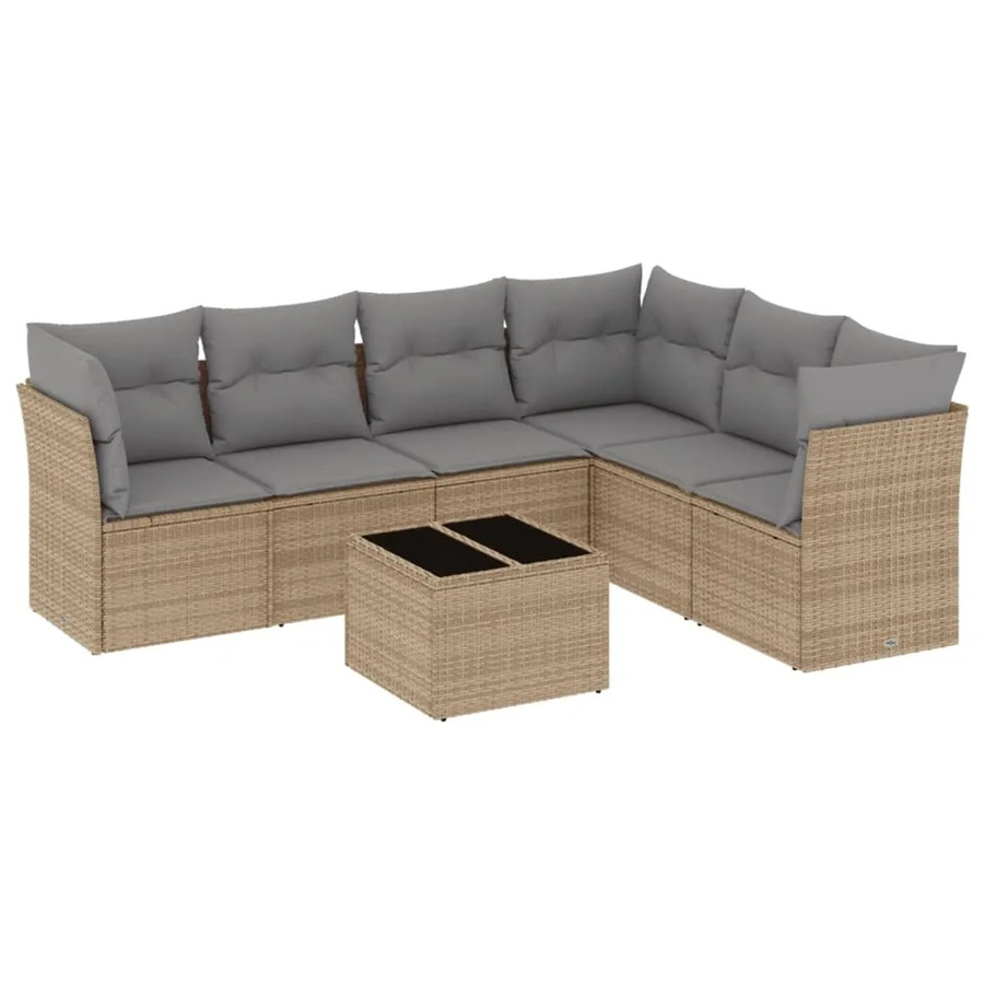 vidaXL 7-teilige Garten-Sofagarnitur in L-Form aus Poly-Rattan mit Kissen und Stauraum, Beige-grau - Bild 2