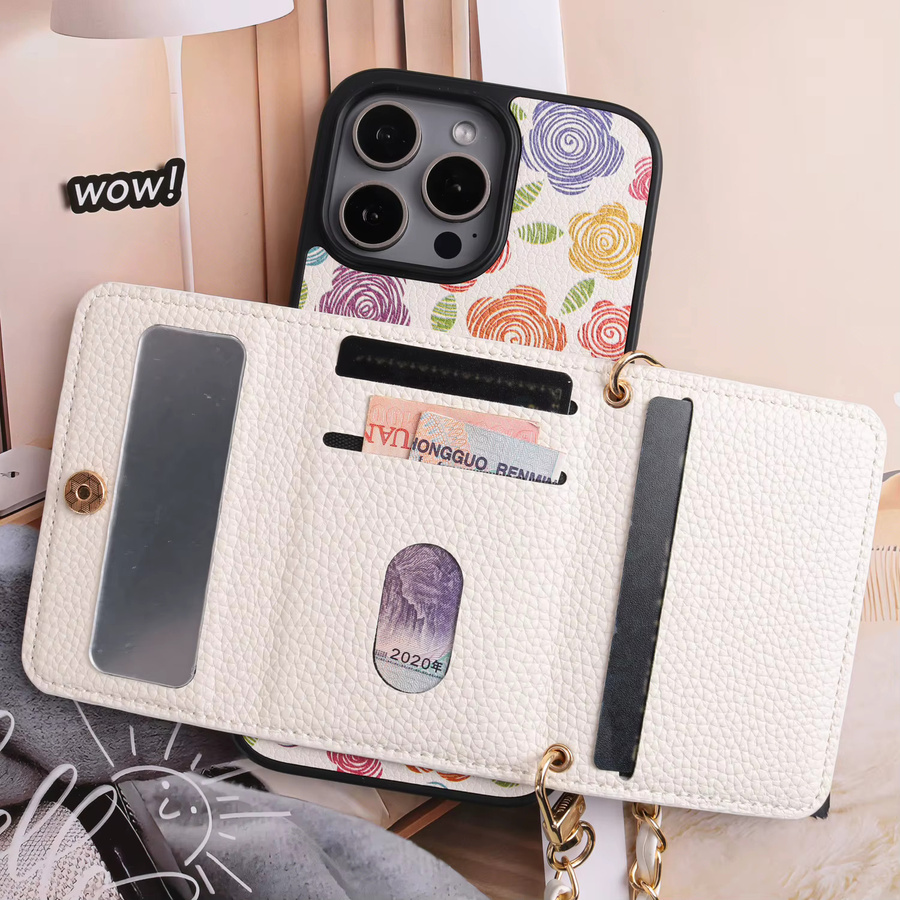 Hardware Crossbody Lanyard Flip Hülle aus Kunstleder mit Blumendruck und Kartenhalter für iPhone 11 bis iPhone 17 Pro Max, Multicolor - Bild 3