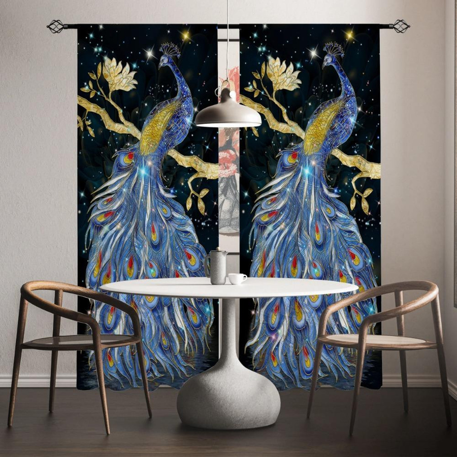 2er-Set Yiran Furniture Dekorative Vorhänge mit Pfauenmuster in Multicolour, halbtransparent, B: 100 cm, H: 130 cm - Bild 4