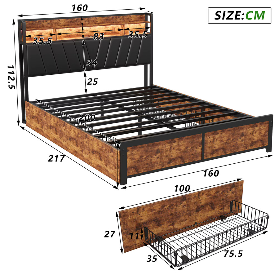 HYNHXBP Plattformbett im Industrie-Stil aus Holz und Metall mit Kopfteil, 4 Metall-Schubladen und gepolstertem PU-Leder, B/T/H: 180 x 200 cm, Schwarz/Braun - Bild 2