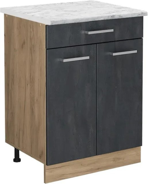 Vicco Küchenunterschrank R-Line Schubladenschrank in Schwarz Beton und Marmor mit Eiche Korpus, Breite: 60 cm - Bild 1