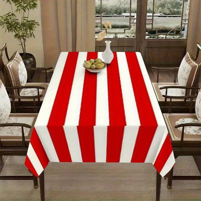 Wasserdichte quadratische Tischdecke von JINGYUE Pet mit rot-weißem Streifenmuster, B/B: 140 x 140 cm - Bild 1