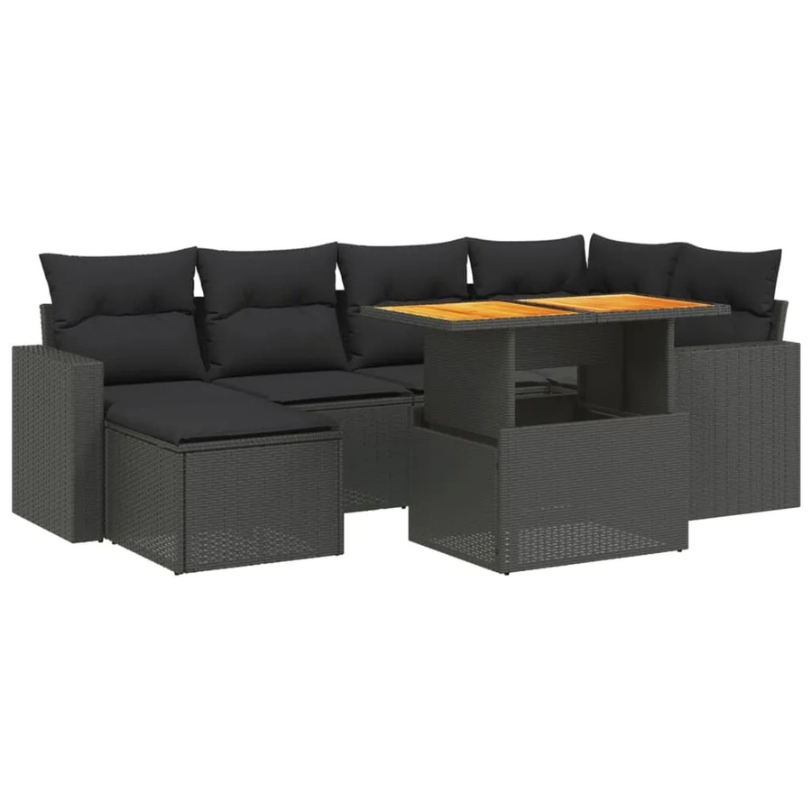 vidaXL 7-teilige Garten-Sofagarnitur aus Poly-Rattan und Akazienholz in Schwarz mit Kissen - Bild 2