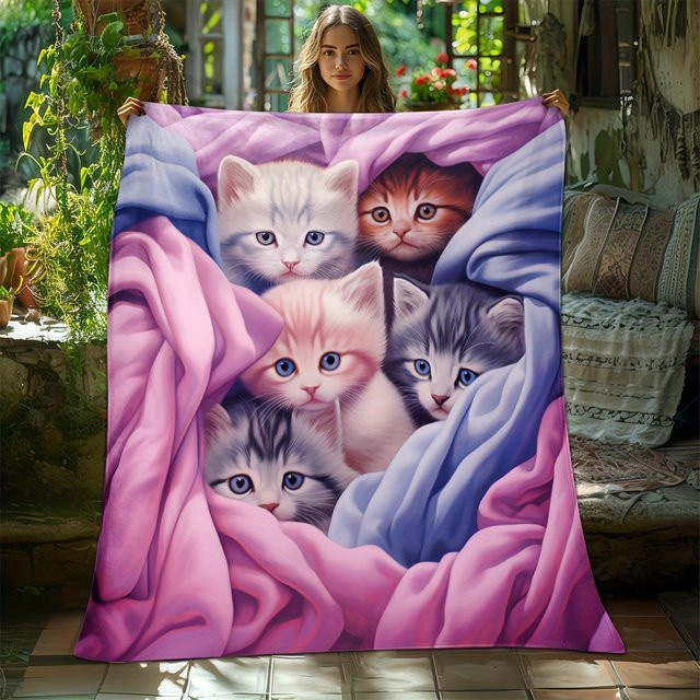 VIKAMA Flanell-Decke Multi-Cat mit Tiermotiv in Multicolour, weiche Kuscheldecke für Wohnzimmer und Kinderzimmer - Bild 1