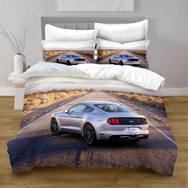 JMG Household Supplies Mustang Auto Bettwäsche-Set aus Mikrofaser mit bedrucktem Design, bestehend aus Bettbezug und Kissenbezug, Mehrfarbig, Breite: 228 cm - Bild 1