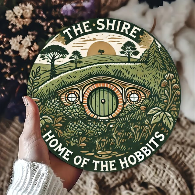 Potdemiel The Shire Hobbit's Home Rundes Metall-Wandkunstschild in Mehrfarbig, Rustikale Bauernhaus-Dekoration mit Blättern und geometrischen Motiven, Durchmesser: 19,8 cm - Bild 1