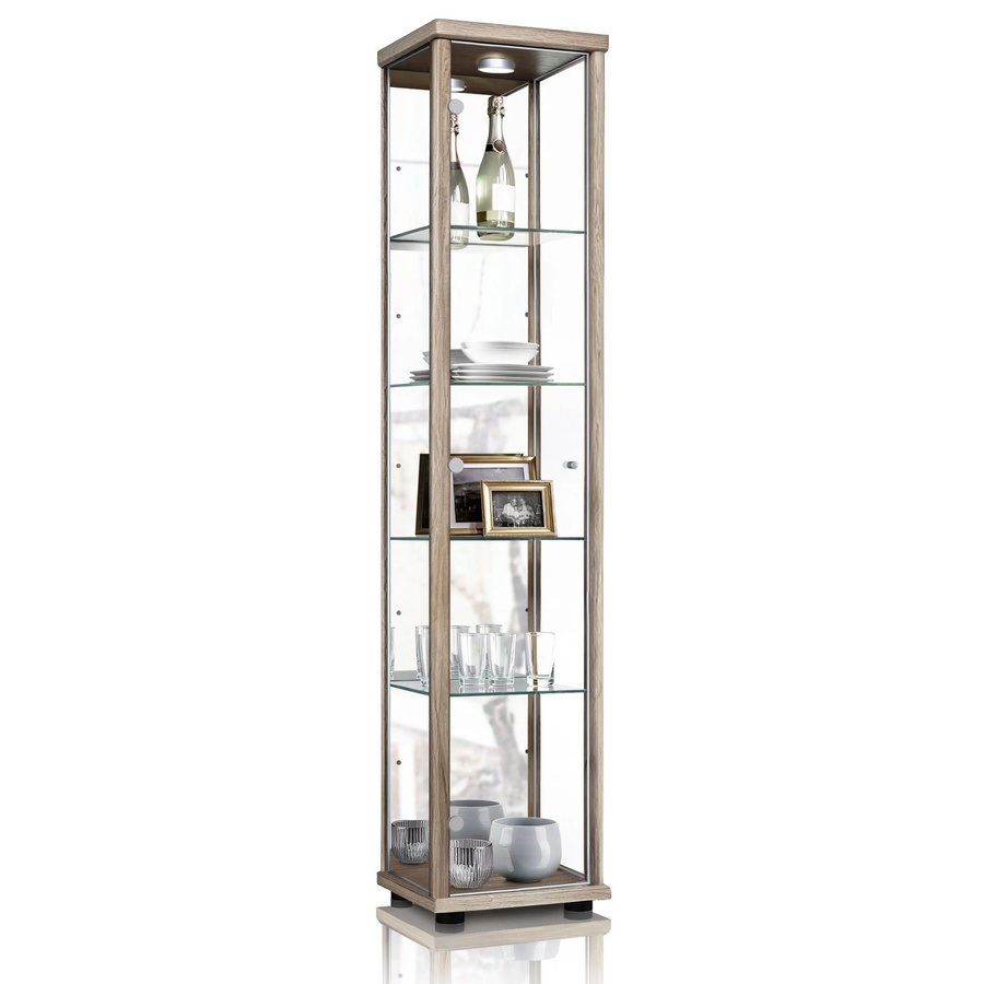 K-Möbel Glasvitrine stehend in Schwarz mit Spiegel, LED-Beleuchtung und 4 höhenverstellbaren Glasböden, H: 176 cm, B: 37 cm, T: 33 cm - Bild 2