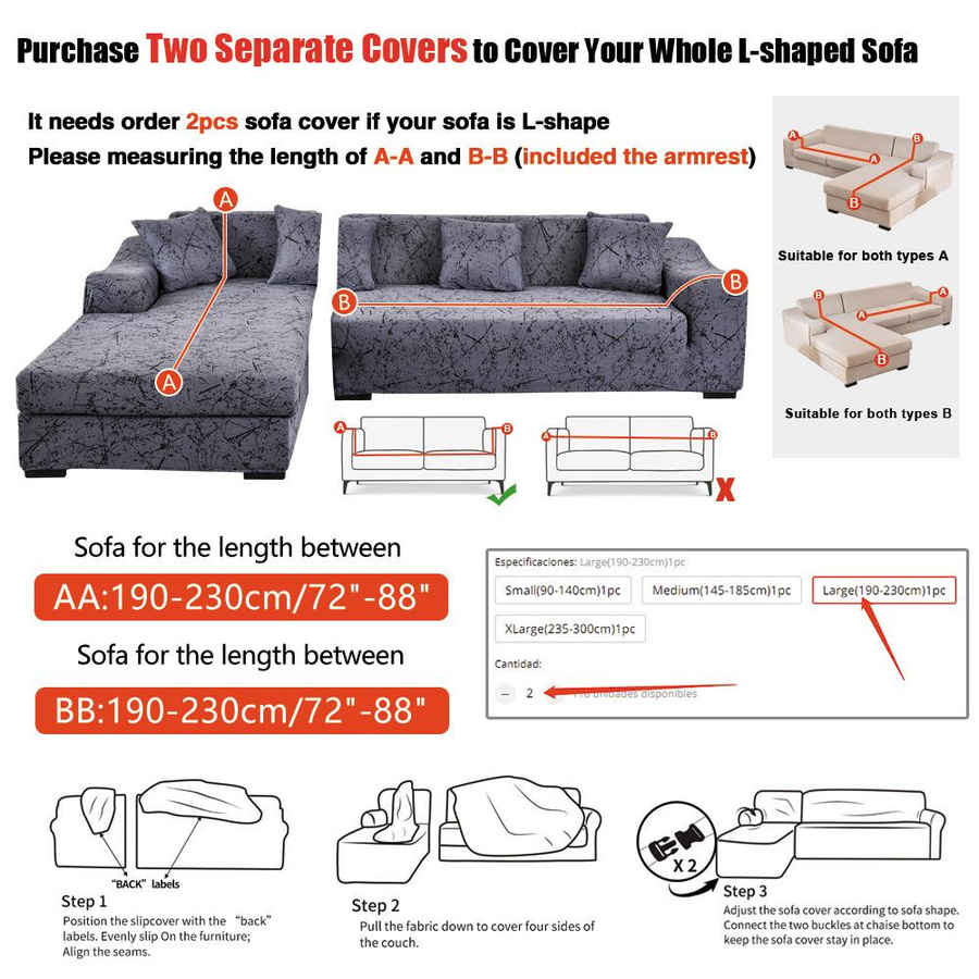 Coolazy Elastischer Sofabezug für Ecksofas in Grau, Stretch-Couchbezug aus Polyester für 1- bis 4-Sitzer, Breite: 90-140 cm - Bild 2