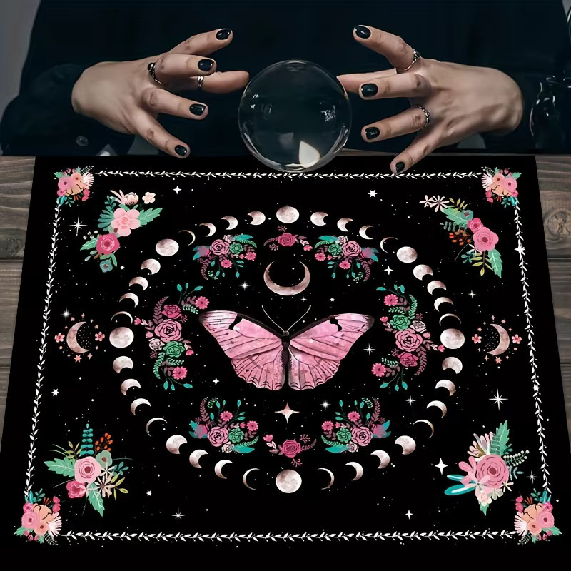 VIKAMA Tischdecke mit Mondphasen und Schmetterlings-Blumenmuster in Rosa im Boho-Stil - Bild 2