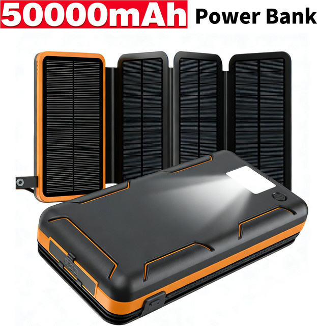 Rscrola Tragbare Solar-Powerbank mit 50000mAh, Schnelles Laden via USB-C und USB-A, Outdoor-Backup-Ladegerät für iOS und Android in Orange und Schwarz - Bild 1