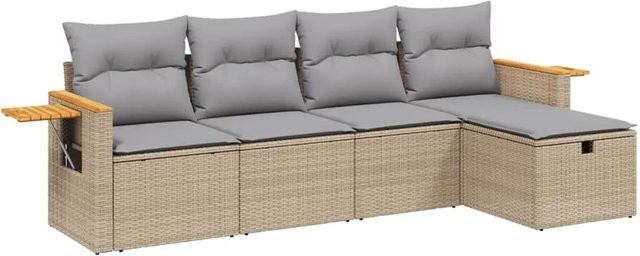 vidaXL 5-tlg Garten-Sofagarnitur L-Form aus Poly Rattan in Beige mit Kissen und Ottoman - Bild 1