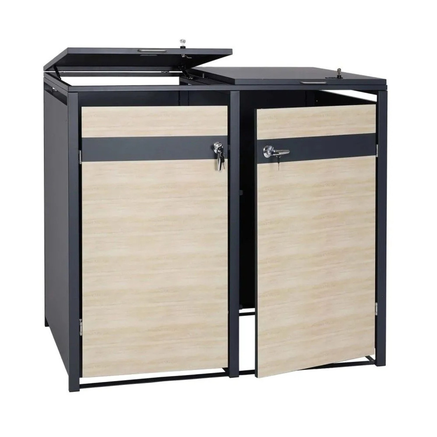 MCW 2er Mülltonnenverkleidung J82 in Buche-Holzoptik Hellbraun, erweiterbare Mülltonnenbox aus Metall, B/T/H: 117 x 132 x 80 cm - Bild 2