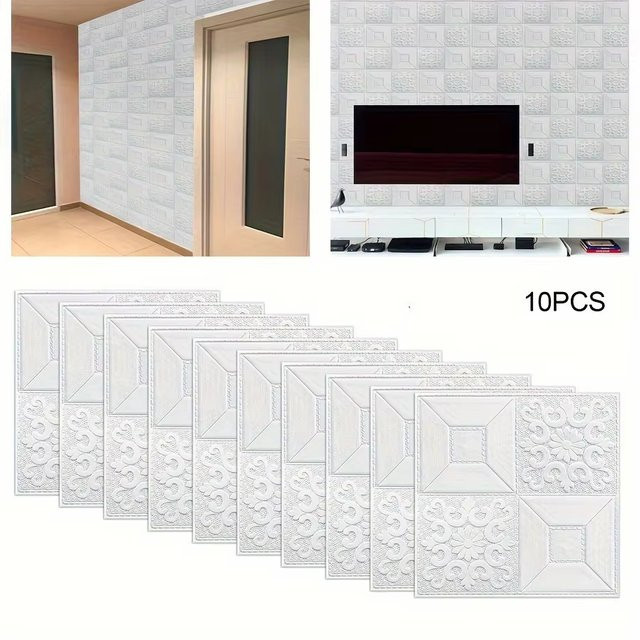 DZQ 10 Stück Selbstklebende 3D Schaumstoffplatten als Wandaufkleber im Ziegelstein-Design, Beige/Weiß - Bild 1